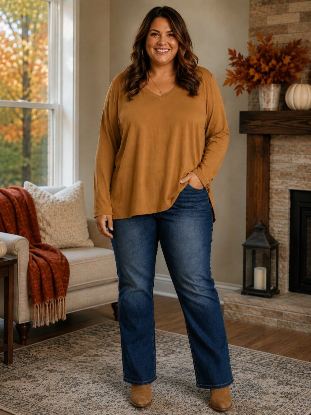 AZY Long Sleeve V-Neck Gold Cotton Tunic Top 2XL